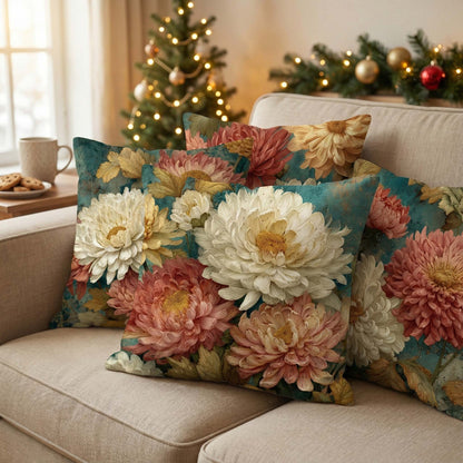 Cotton Feel Luxury Teal & Cream Dahlia Cushion Covers – Premium Floral Print Pillow Covers(Set of 5)