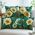 Cotton Feel Luxury Turquoise Flowers Cushion Covers – Premium Floral Print Pillow Covers(Set of 5)