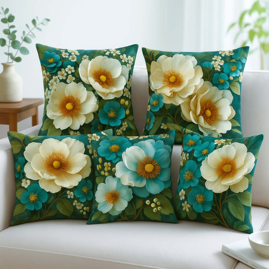 Cotton Feel Luxury Turquoise Flowers Cushion Covers – Premium Floral Print Pillow Covers(Set of 5)