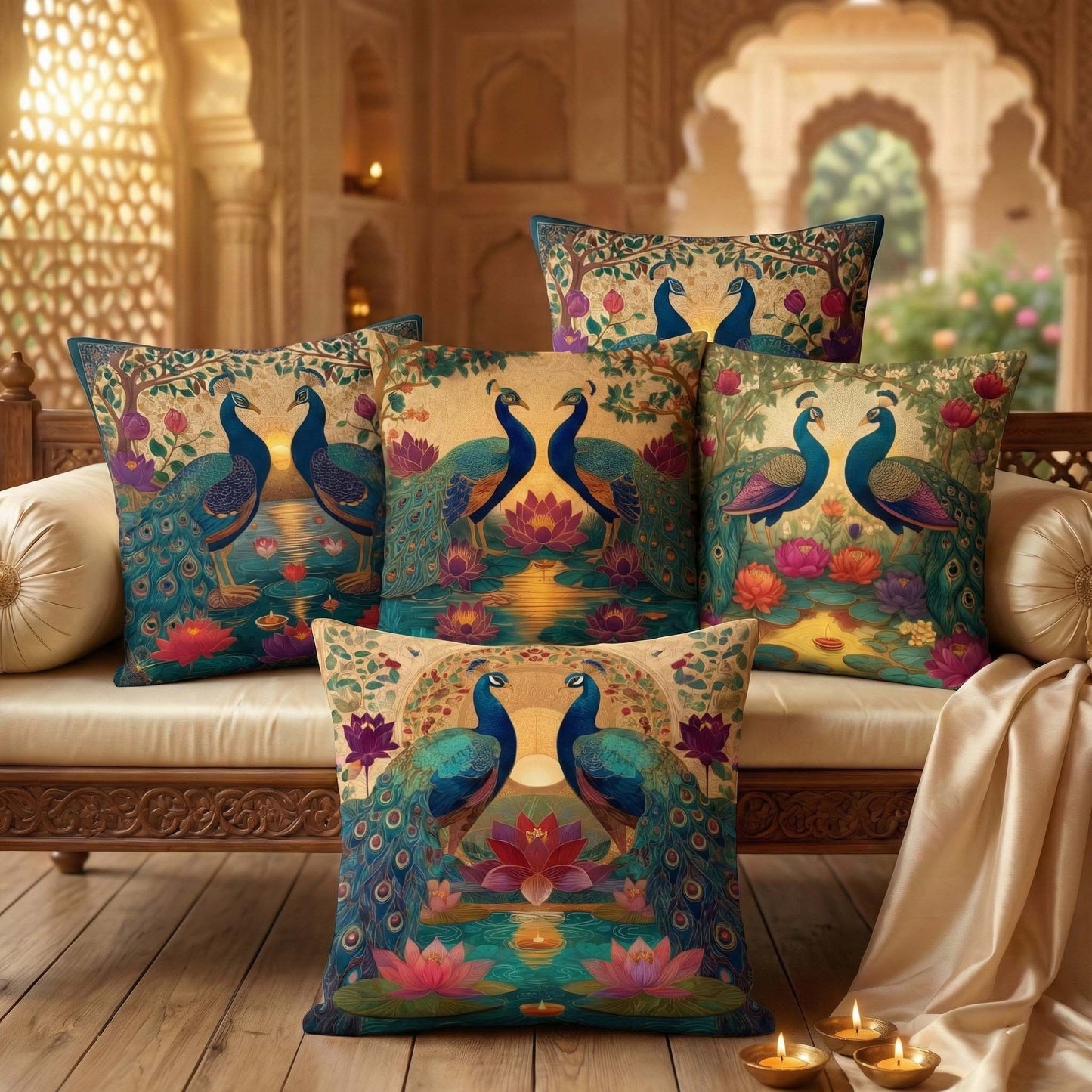 Cotton Feel Maharaja Peacock Cushion Covers – Ethnic Indian Lotus Designer Pillow Covers(Set of 4)