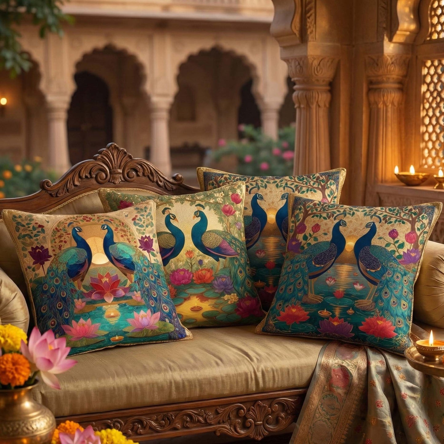 Cotton Feel Maharaja Peacock Cushion Covers – Ethnic Indian Lotus Designer Pillow Covers(Set of 4)