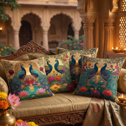 Cotton Feel Maharaja Peacock Cushion Covers – Ethnic Indian Lotus Designer Pillow Covers(Set of 4)