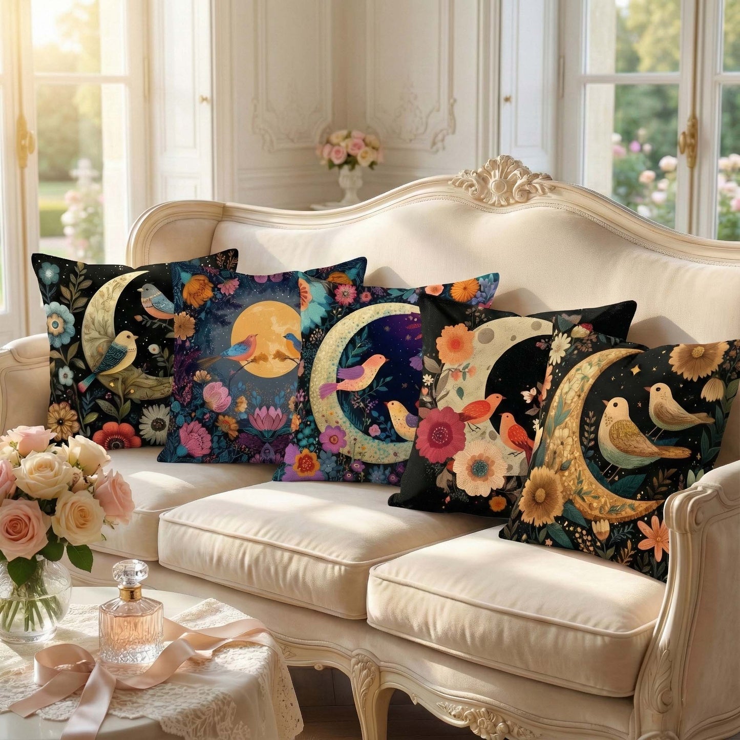 Cotton Feel Moonlit Garden Birds Cushion Covers – Artistic Floral Sofa Pillow Covers for Premium Home Decor(Set of 5)