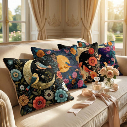 Cotton Feel Moonlit Garden Birds Cushion Covers – Artistic Floral Sofa Pillow Covers for Premium Home Decor(Set of 5)