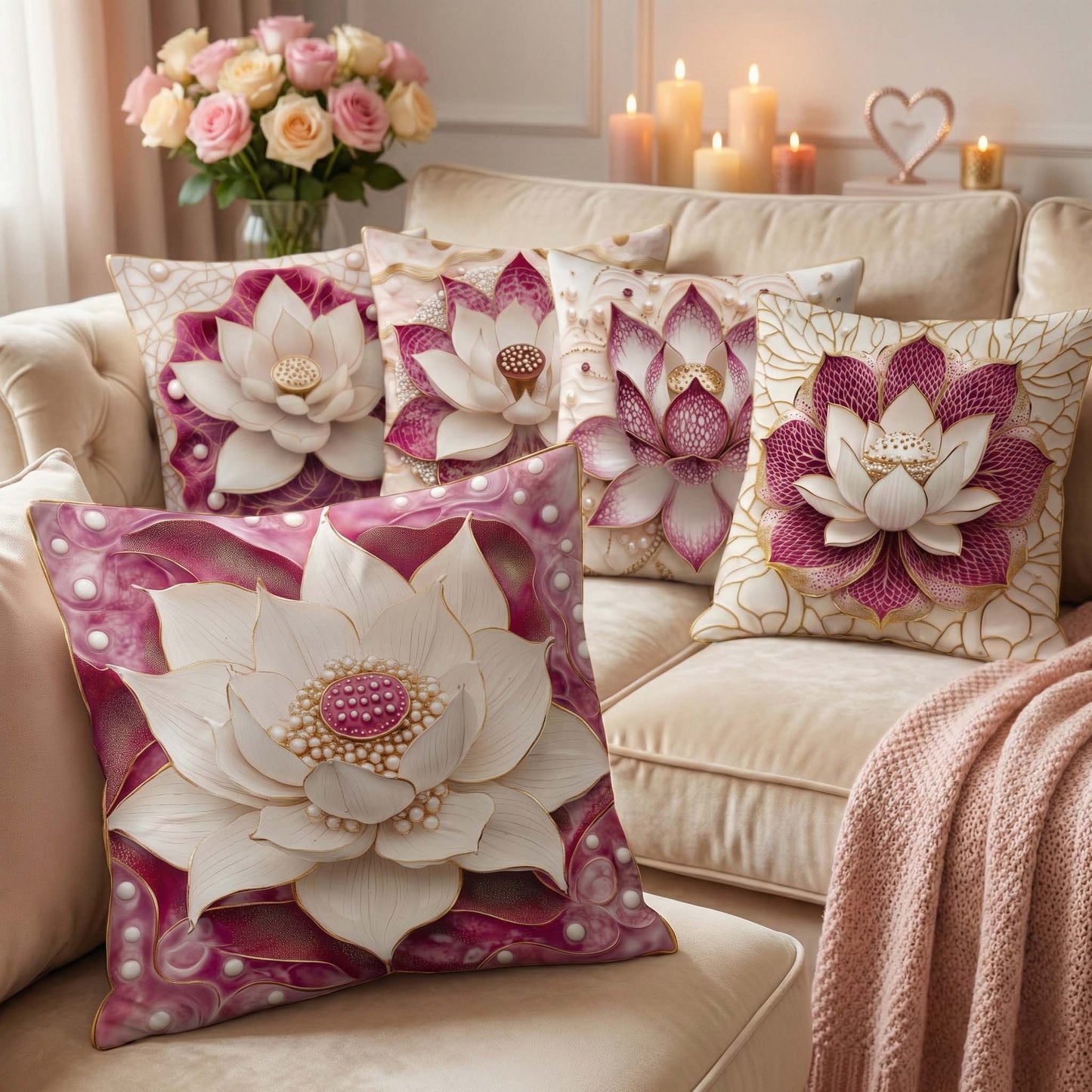 Cotton Feel Royal Lotus Designer Cushion Covers – Floral Pillow Covers for Sofa, Living Room & Gifting (Set of 5)