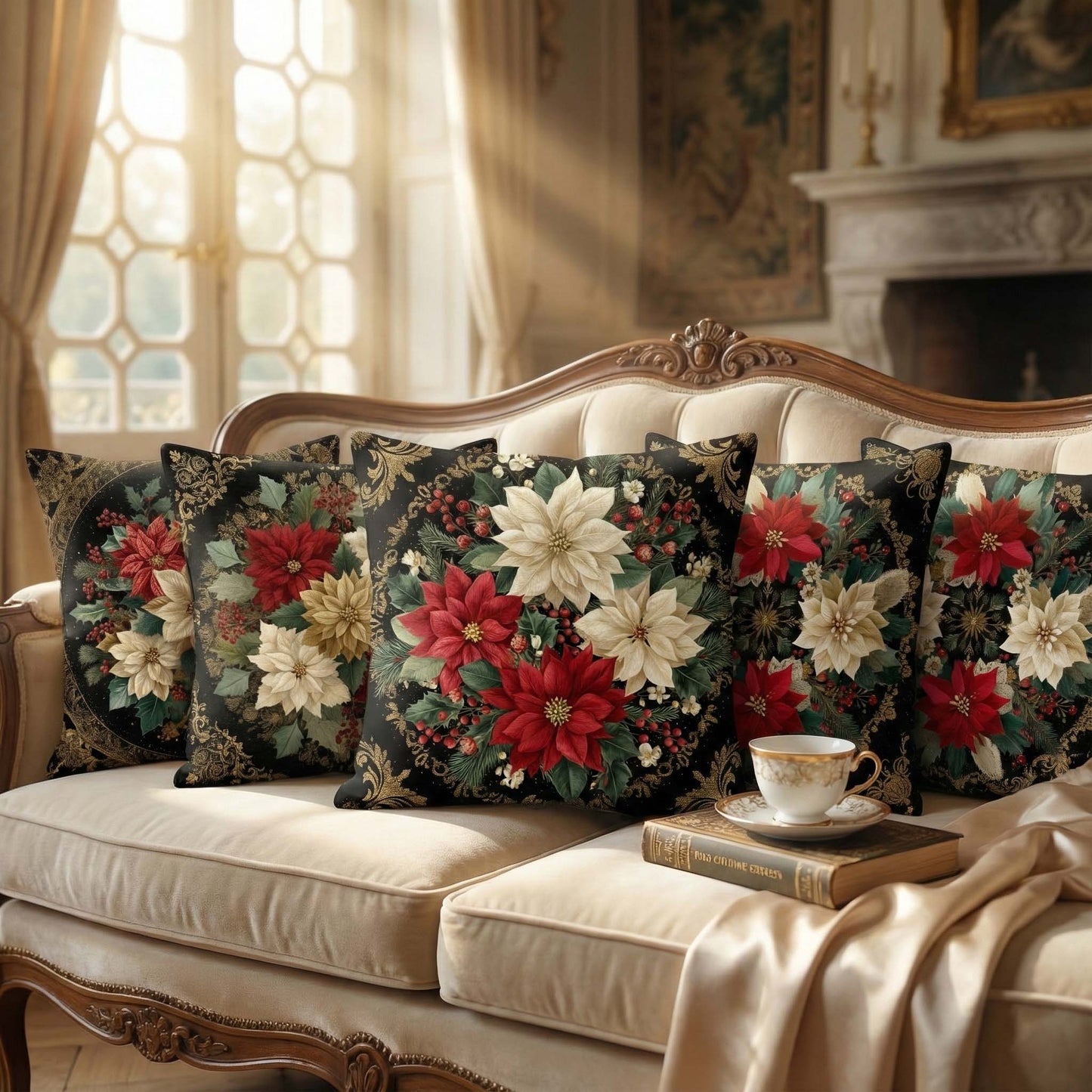 Cotton Feel Royal Noir Blossom Cushion Covers – Luxury Floral Pillow Covers for Living Room(Set of 5)