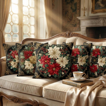 Cotton Feel Royal Noir Blossom Cushion Covers – Luxury Floral Pillow Covers for Living Room(Set of 5)