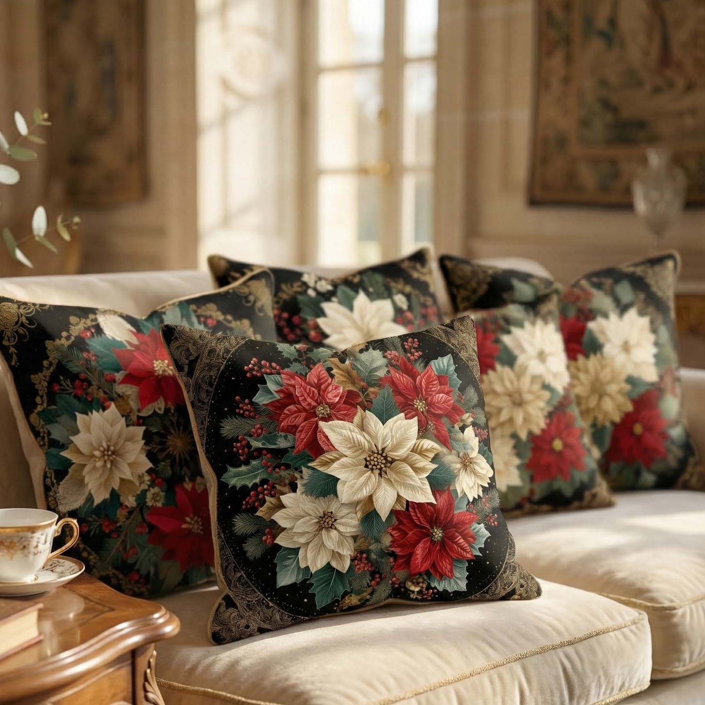 Cotton Feel Royal Noir Blossom Cushion Covers – Luxury Floral Pillow Covers for Living Room(Set of 5)
