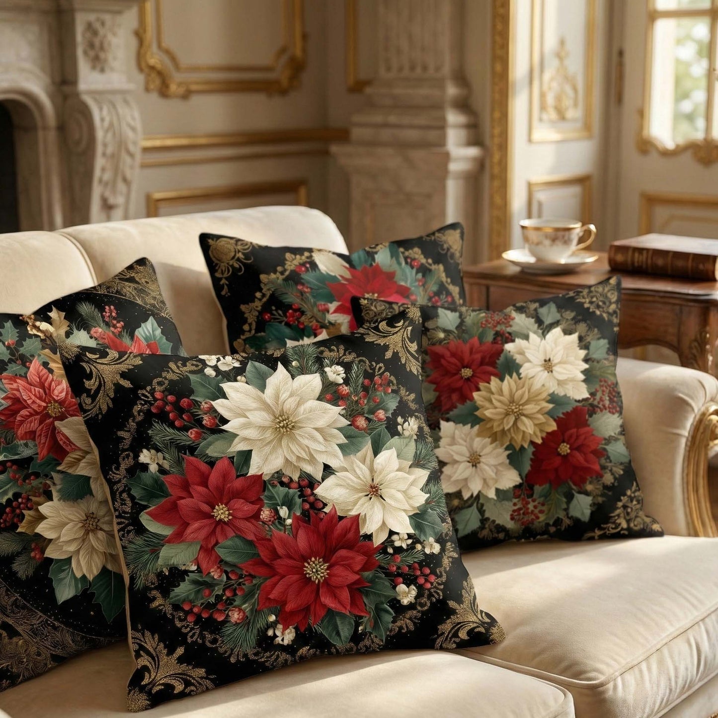 Cotton Feel Royal Noir Blossom Cushion Covers – Luxury Floral Pillow Covers for Living Room(Set of 5)