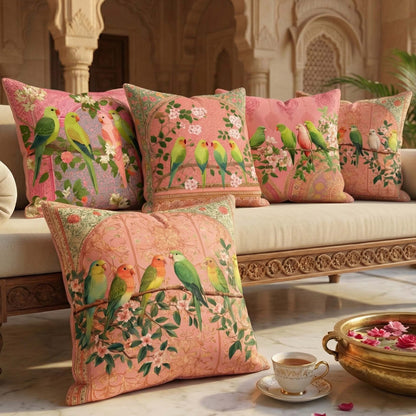 Cotton Feel Royal Parrots Cushion Covers – Designer Floral Pillow Covers for Sofa & Bedroom Decor(Set of 5)