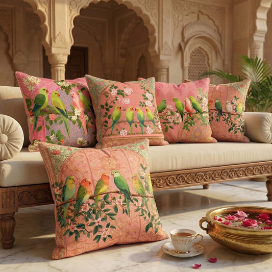 Cotton Feel Royal Parrots Cushion Covers – Designer Floral Pillow Covers for Sofa & Bedroom Decor(Set of 5)
