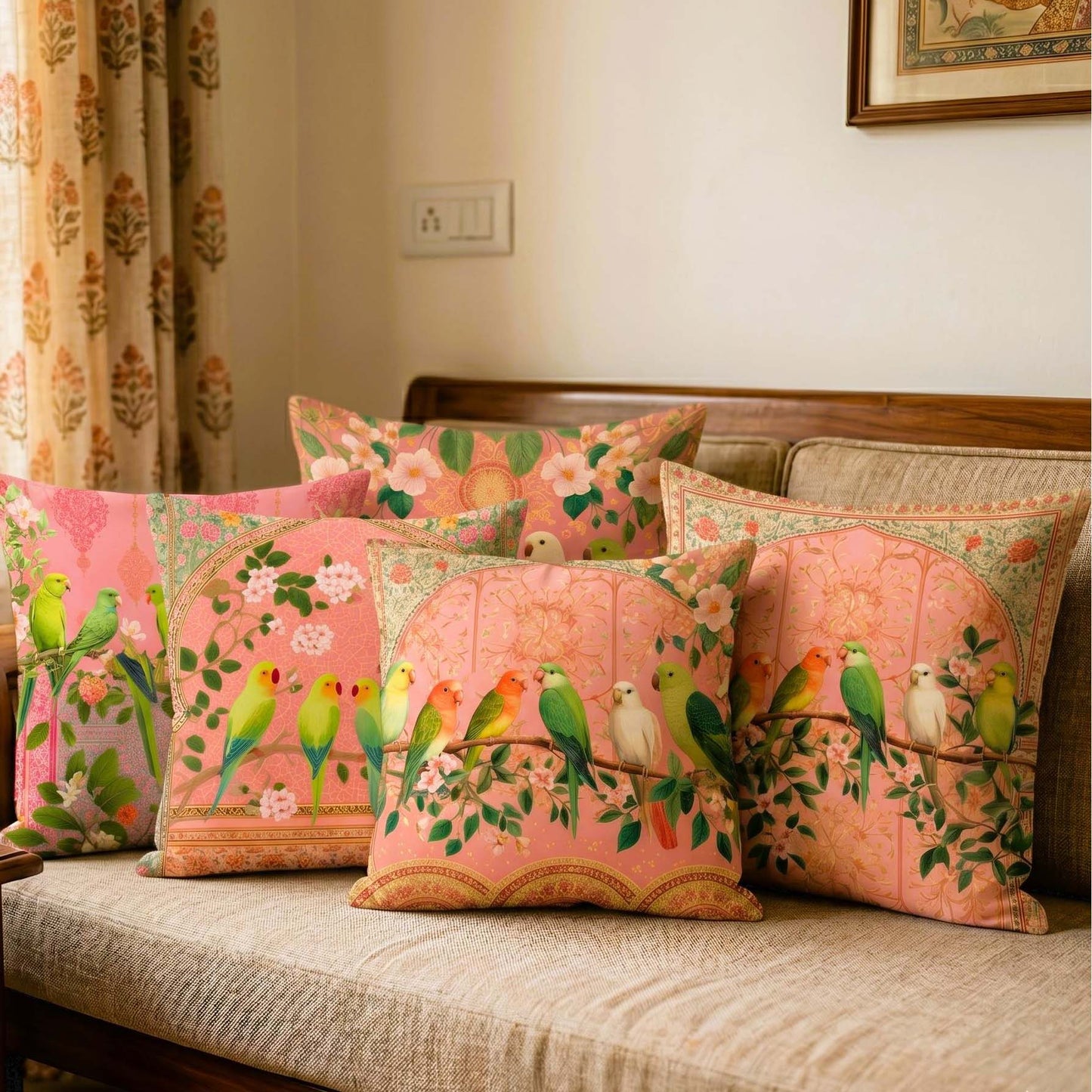 Cotton Feel Royal Parrots Cushion Covers – Designer Floral Pillow Covers for Sofa & Bedroom Decor(Set of 5)