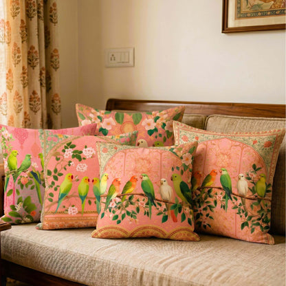 Cotton Feel Royal Parrots Cushion Covers – Designer Floral Pillow Covers for Sofa & Bedroom Decor(Set of 5)