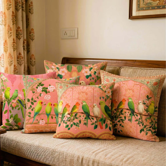 Cotton Feel Royal Parrots Cushion Covers – Designer Floral Pillow Covers for Sofa & Bedroom Decor(Set of 5)