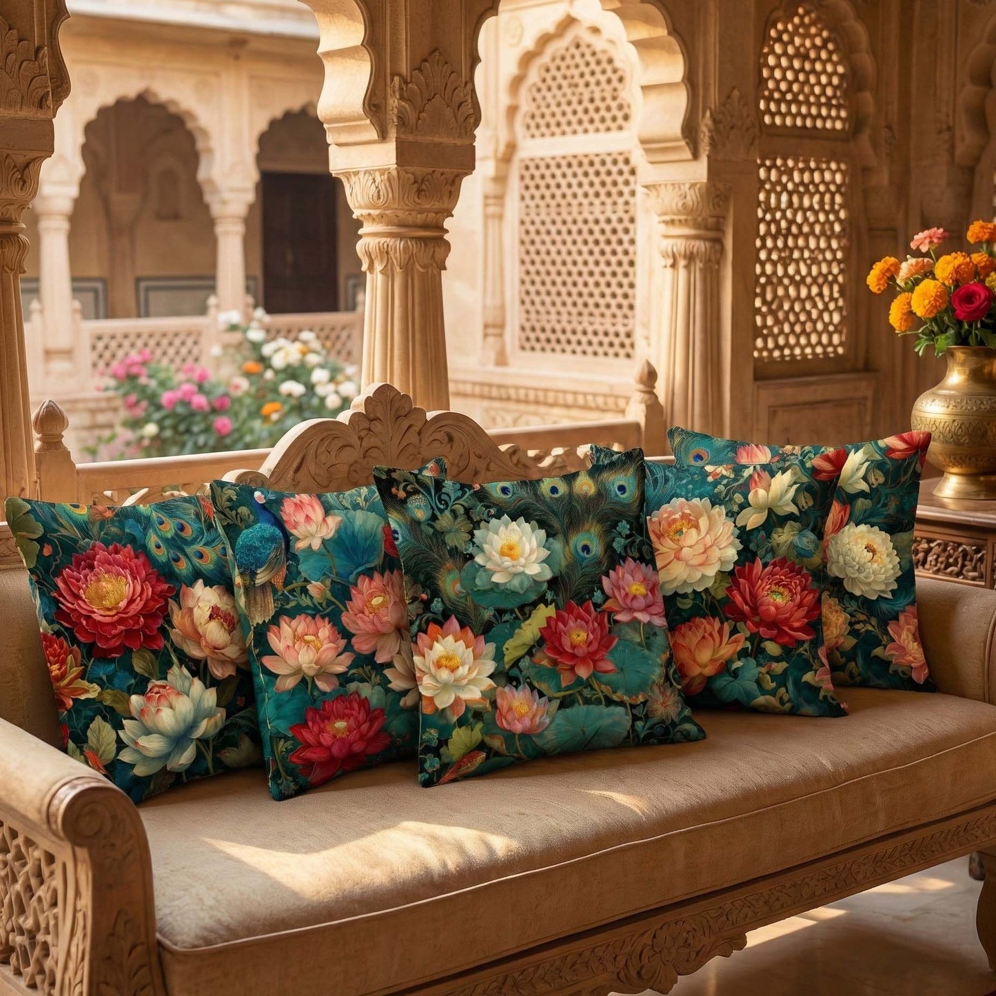 Cotton Feel Royal Peacock Lotus Cushion Covers – Premium Indian Ethnic Sofa Pillow Covers(Set of 5)