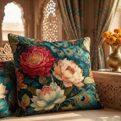 Cotton Feel Royal Peacock Lotus Cushion Covers – Premium Indian Ethnic Sofa Pillow Covers(Set of 5)