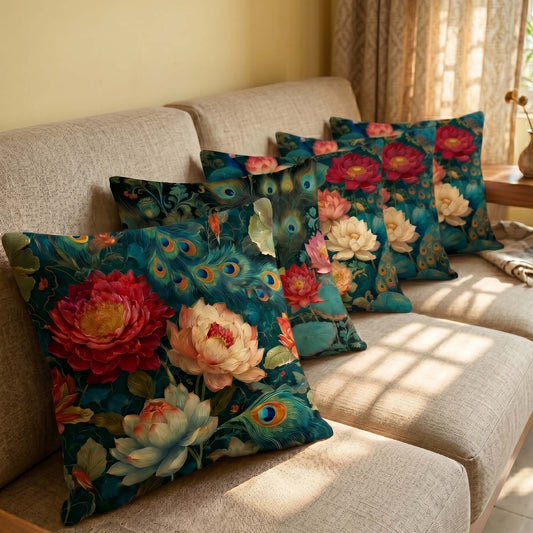 Cotton Feel Royal Peacock Lotus Cushion Covers – Premium Indian Ethnic Sofa Pillow Covers(Set of 5)