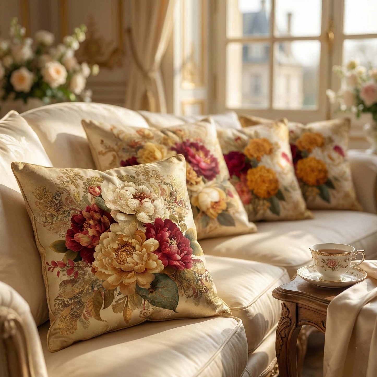 Cotton Feel Timeless Floral Art Cushion Covers – Designer Pillow Covers for Living Room(Set of 5)