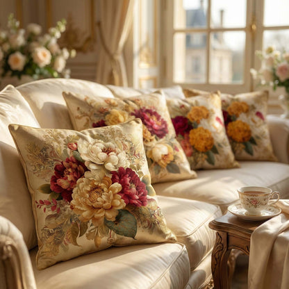 Cotton Feel Timeless Floral Art Cushion Covers – Designer Pillow Covers for Living Room(Set of 5)