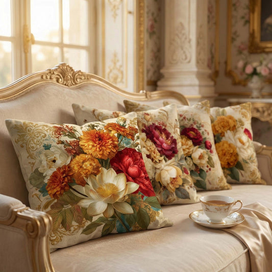 Cotton Feel Timeless Floral Art Cushion Covers – Designer Pillow Covers for Living Room(Set of 5)