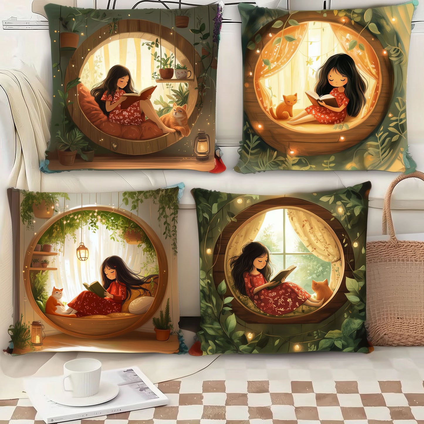 Dreamy Book Lover Cushion Covers – Boho Decorative Pillow Covers for Sofa & Bedroom Home Decor Set of 4