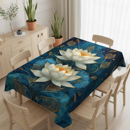 Elegant Blue & Gold Lotus Table Cover – Modern Floral Table Cover for Dining & Living Spaces