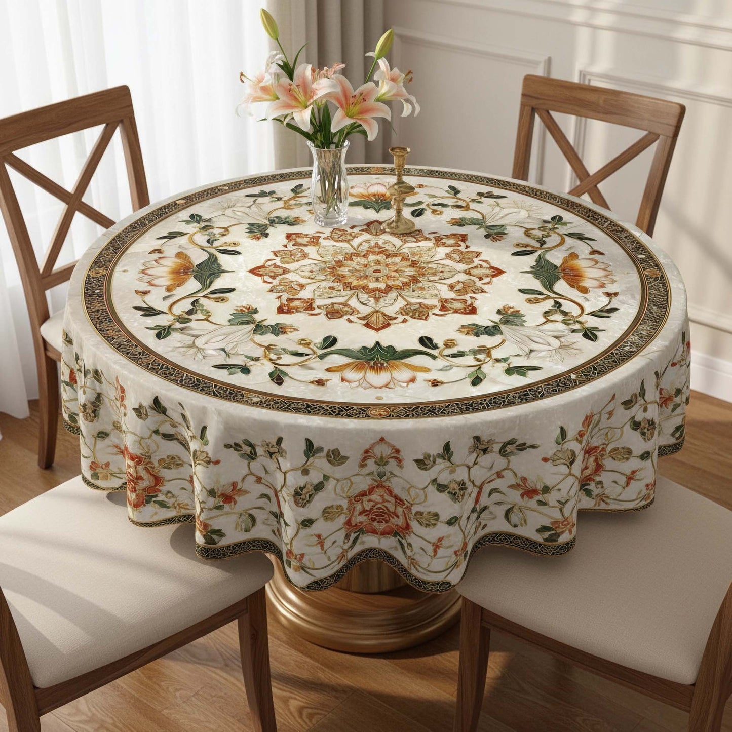 Elegant Floral Mandala Round Table Cover – Luxury Pearl Marble Tablecloth for Dining Room