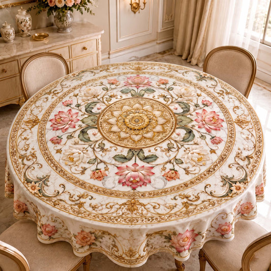 Elegant Floral Mandala Round Table Cover – Luxury Pearl Marble Tablecloth for Dining Room