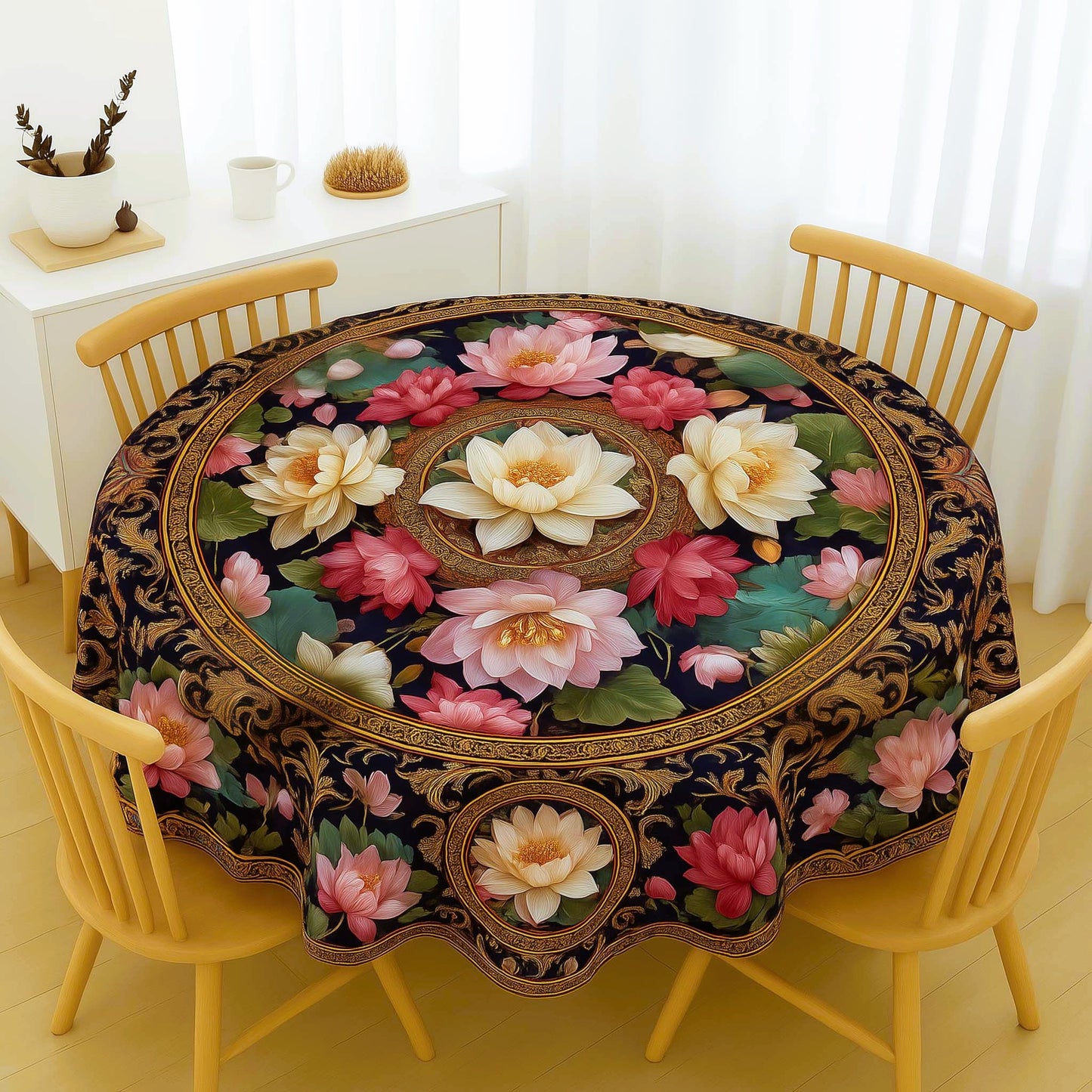 Elegant Lotus Medallion Round Table Cover – Rich Floral Dining Table Cover for Homes