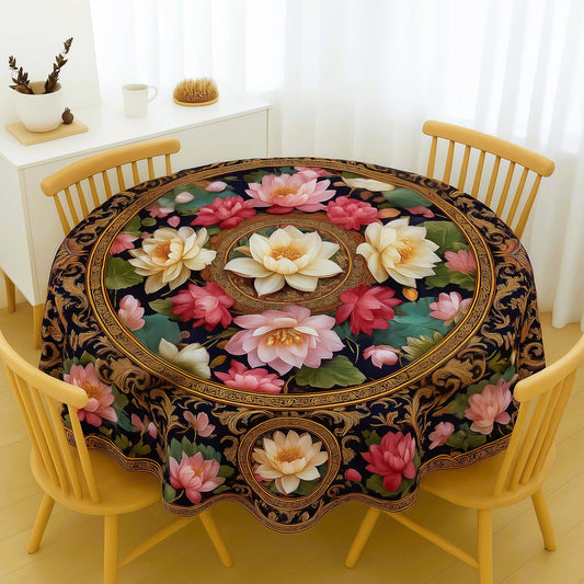 Elegant Lotus Medallion Round Table Cover – Rich Floral Dining Table Cover for Homes