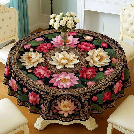 Elegant Lotus Medallion Round Table Cover – Rich Floral Dining Table Cover for Homes