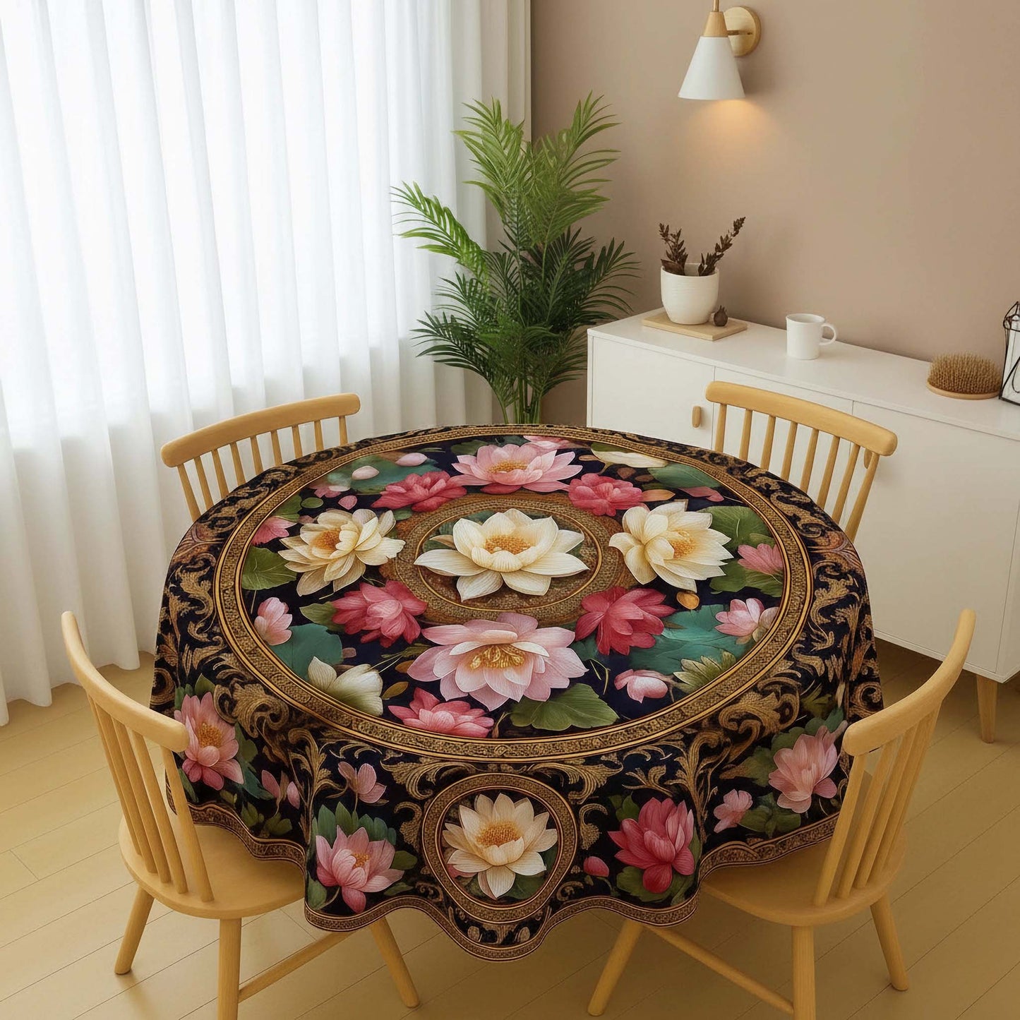 Elegant Lotus Medallion Round Table Cover – Rich Floral Dining Table Cover for Homes
