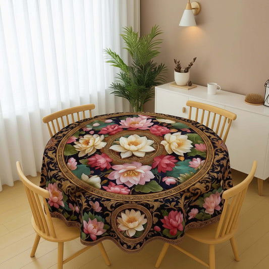 Elegant Lotus Medallion Round Table Cover – Rich Floral Dining Table Cover for Homes