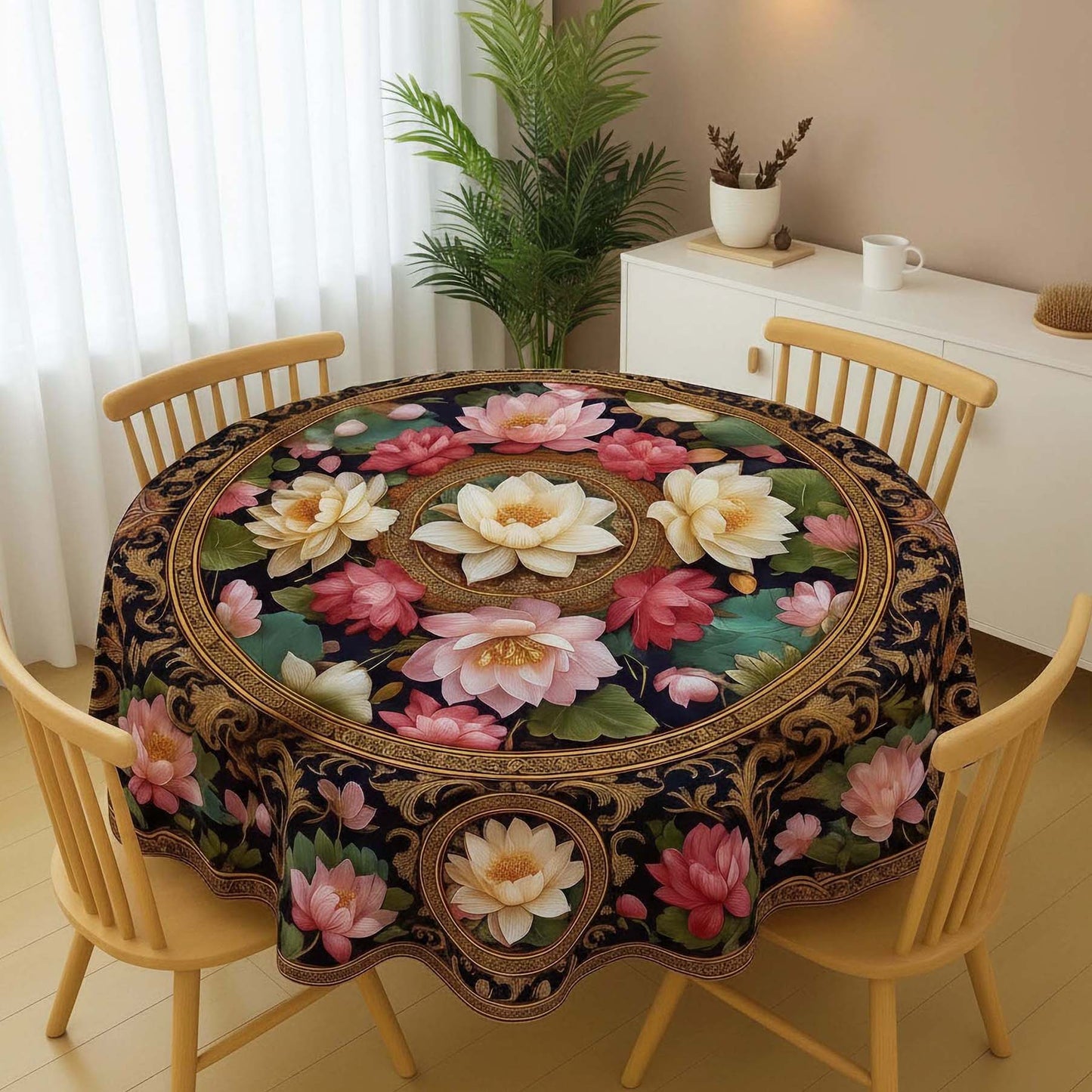 Elegant Lotus Medallion Round Table Cover – Rich Floral Dining Table Cover for Homes