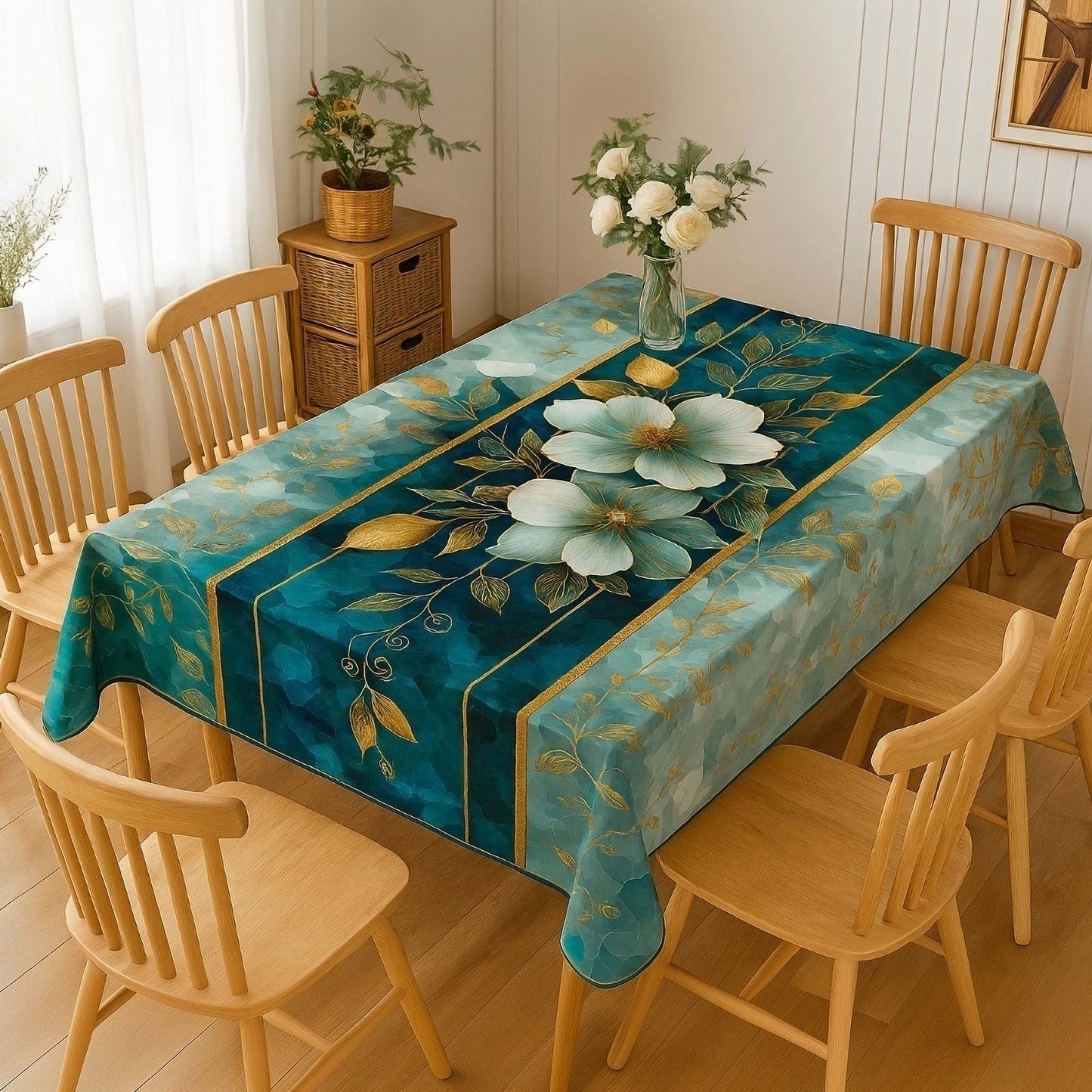 Elegant Teal & Gold Blue Floral Table Cover – Premium Dining Table Cloth for Elegant Home Decor