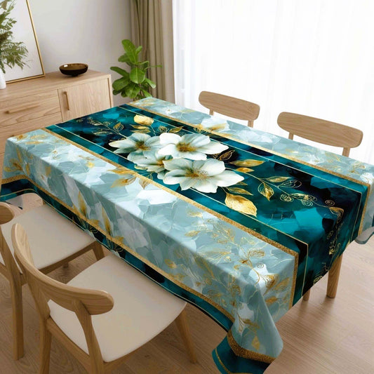 Elegant Teal & Gold Blue Floral Table Cover – Premium Dining Table Cloth for Elegant Home Decor