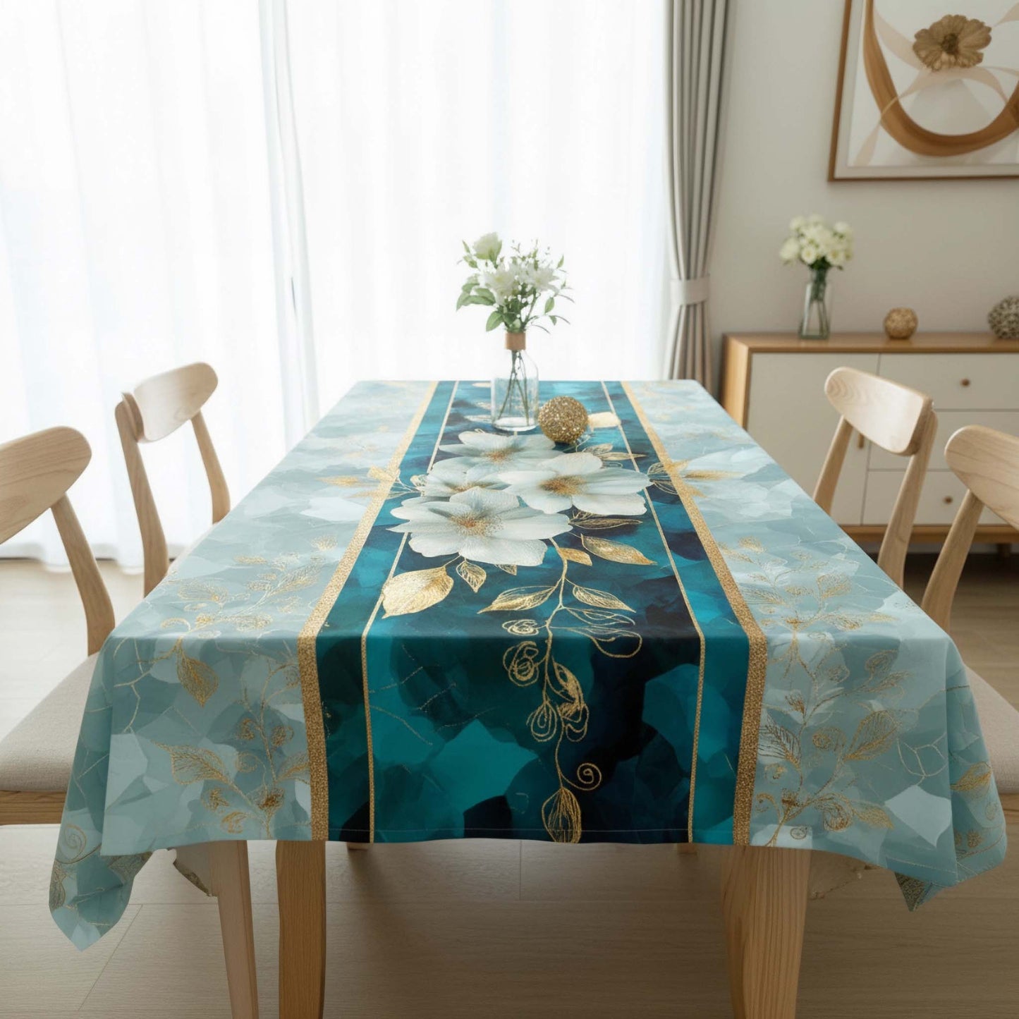 Elegant Teal & Gold Blue Floral Table Cover – Premium Dining Table Cloth for Elegant Home Decor