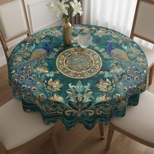 Emerald Peacock Royal Round Table Cover – Premium Dining Tablecloth for Modern Home Decor