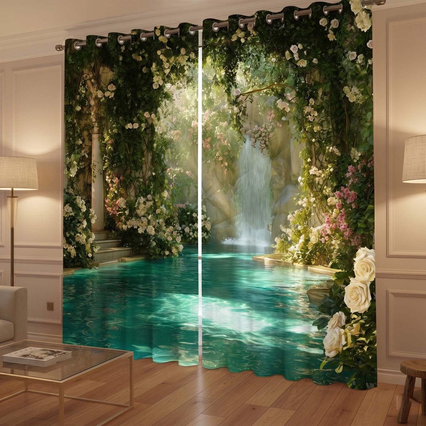 Enchanted Waterfall Floral Designer Room Darkening Curtains(Set of 2)