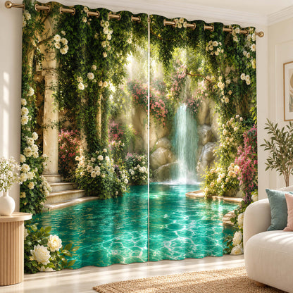Enchanted Waterfall Floral room darkening curtain pair with turquoise water, green vines, white roses and stone columns in a bright living room