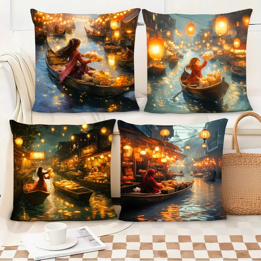 Floating Lantern Cushion Covers – Ethnic Decorative Pillow Covers for Sofa & Bedroom Home Decor Set of 4