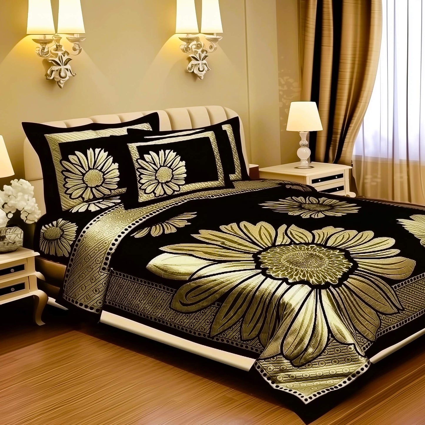 Floral Pattern Heavy Chenille Bedcovers - Black