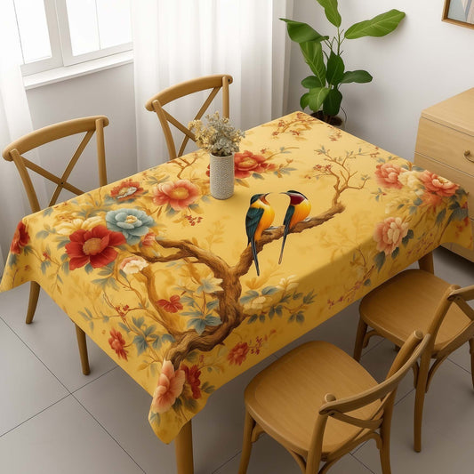 Golden Yellow Bird & Floral Table Cover – Elegant Dining Tablecloth for Home Decor