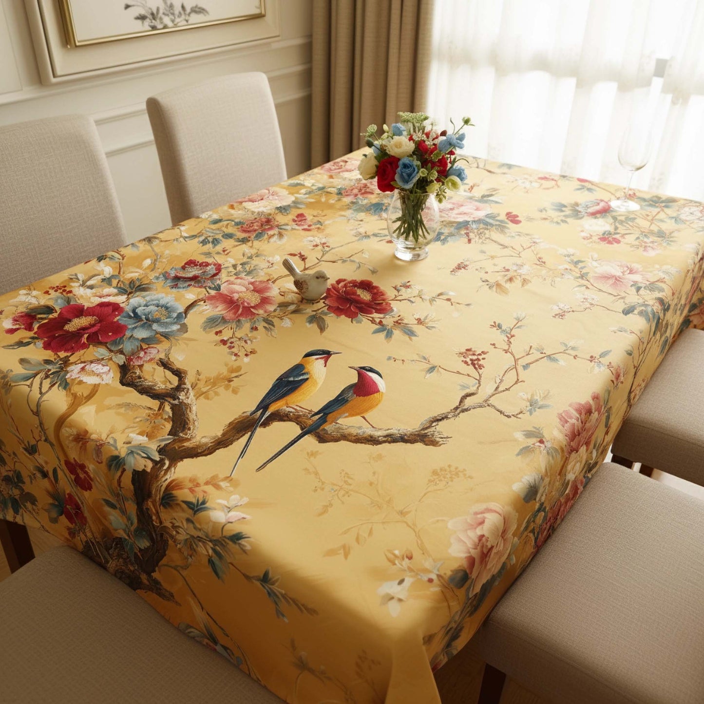 Golden Yellow Bird & Floral Table Cover – Elegant Dining Tablecloth for Home Decor