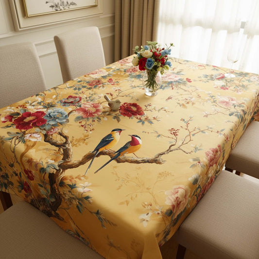 Golden Yellow Bird & Floral Table Cover – Elegant Dining Tablecloth for Home Decor