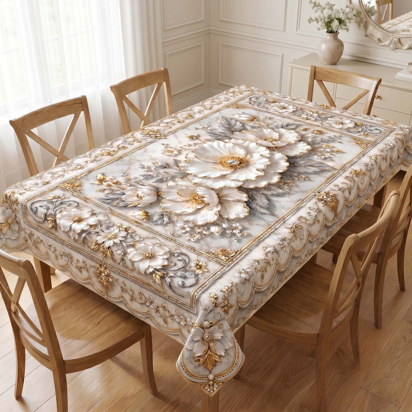 Graceful Bloom Rectangular Table Cover – Premium Floral Printed Dining Table Cloth for Homes
