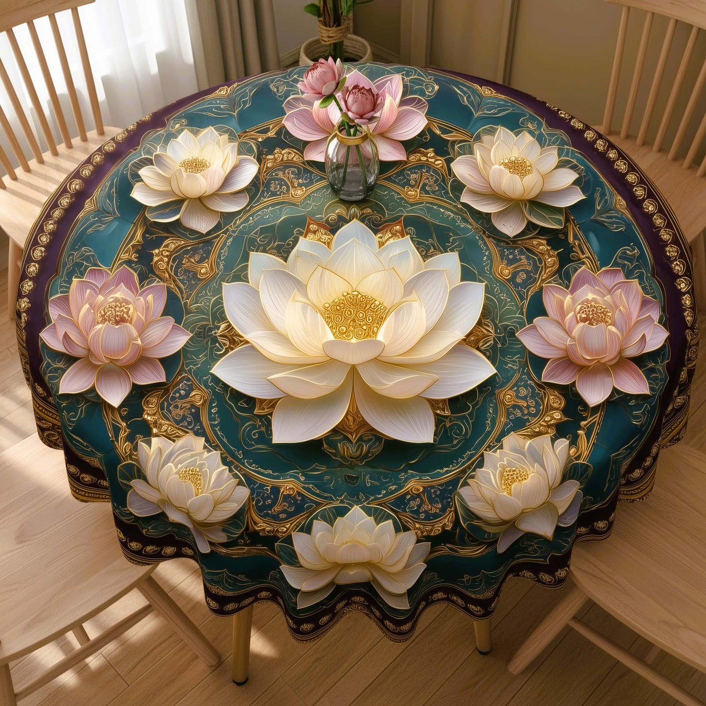 Grand Lotus Bloom Round Table Cover – Royal Tablecloth for Festive & Everyday Dining