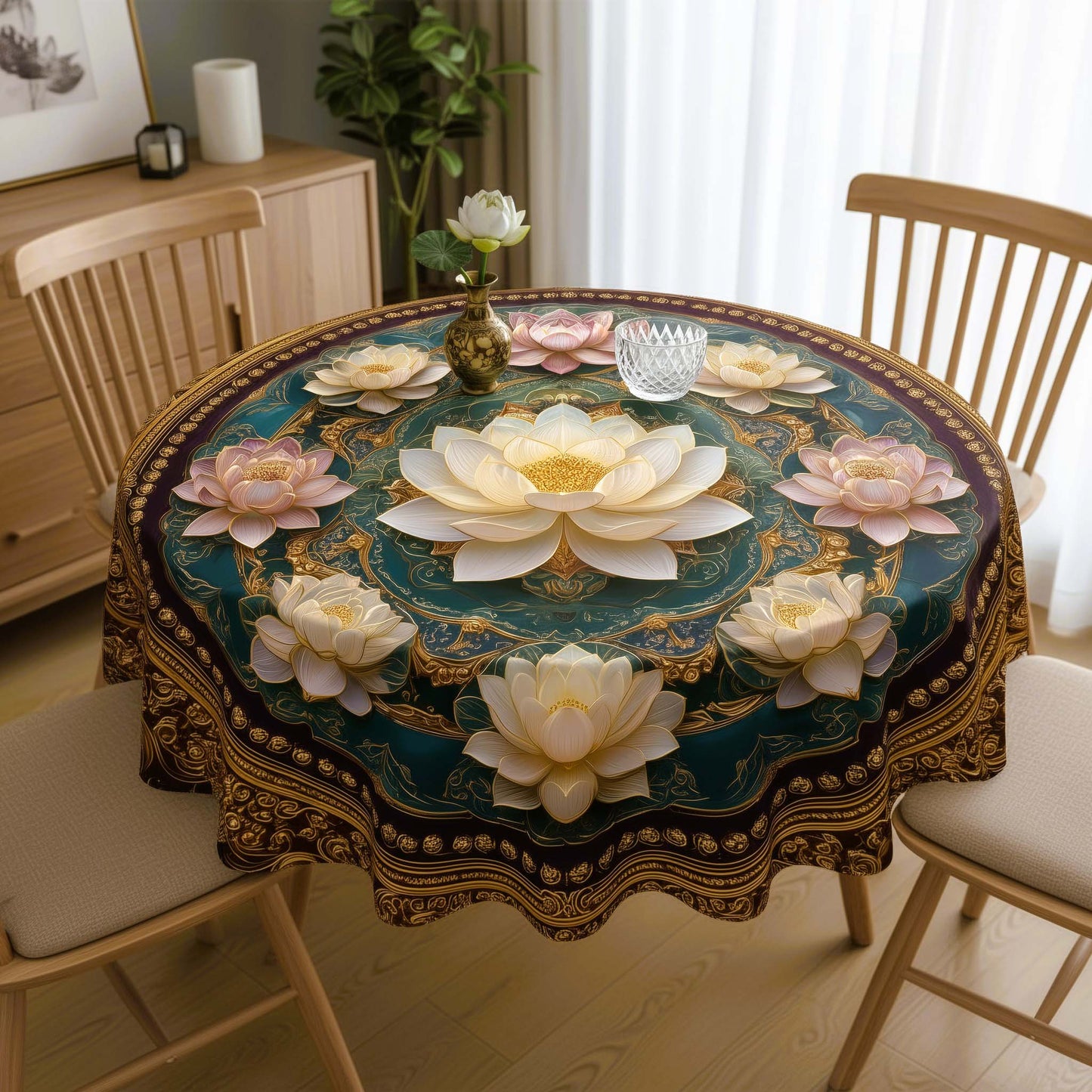 Grand Lotus Bloom Round Table Cover – Royal Tablecloth for Festive & Everyday Dining