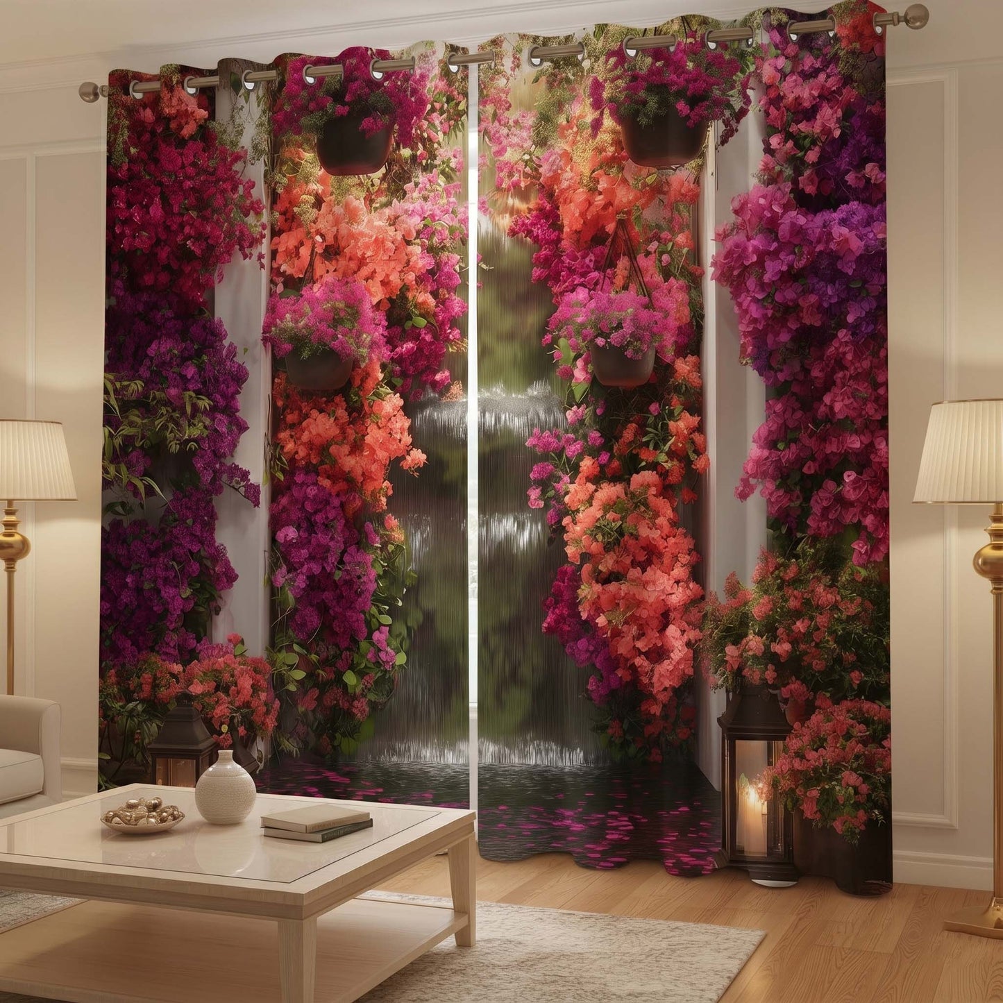 Luxury Bougainvillea Waterfall Designer Room Darkening Curtains(Set of 2)