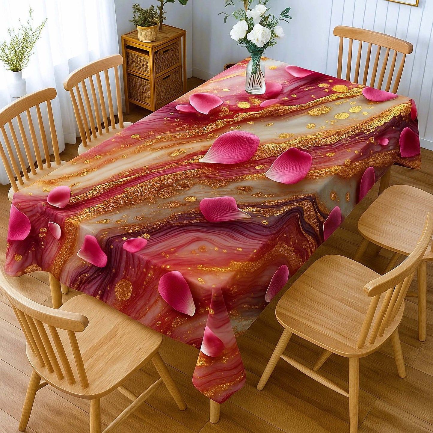Luxury Marble & Rose Petals Table Cover – Premium Dining Table Cloth for Elegant Home Decor